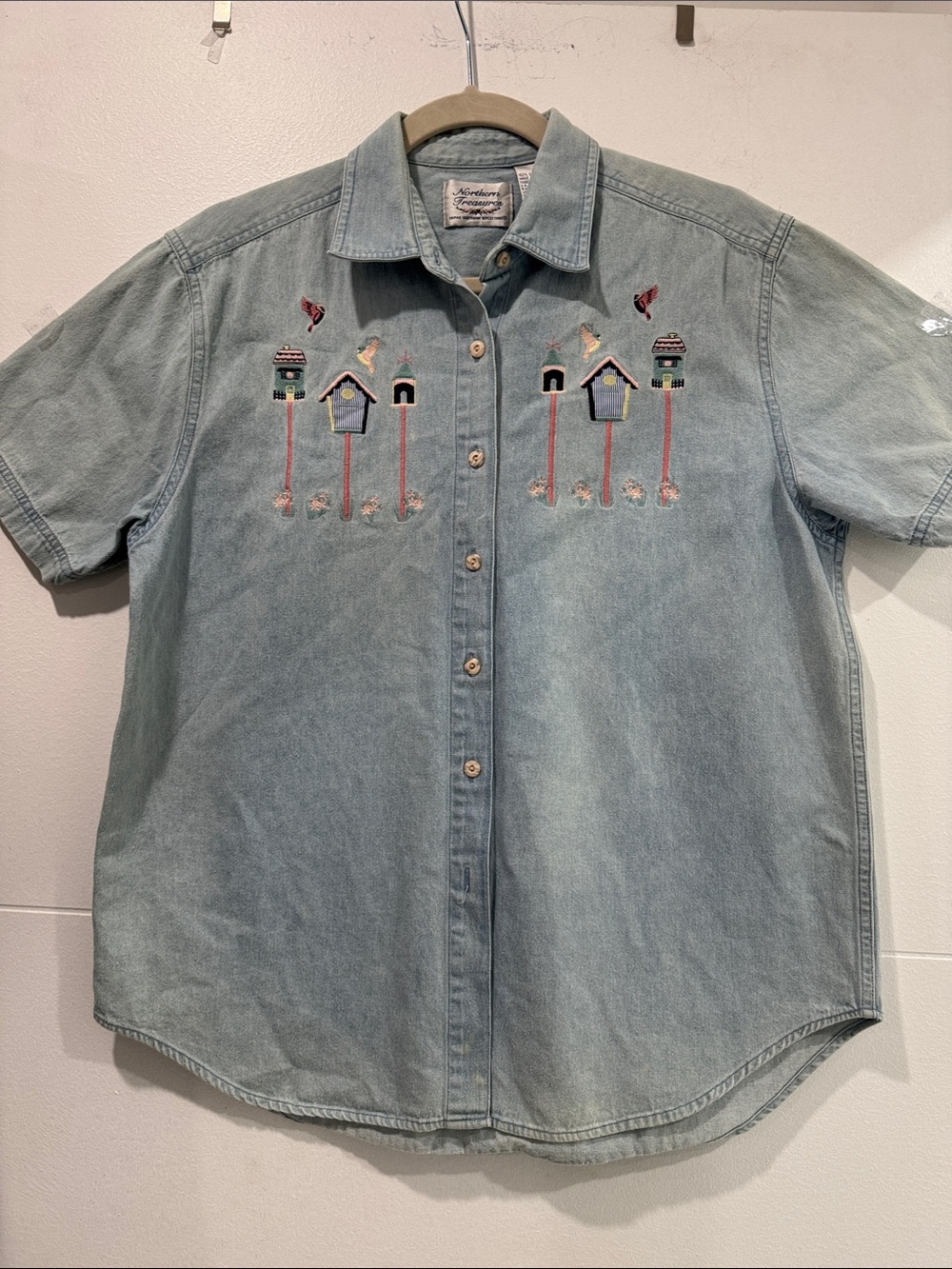 Northern Treasures Embroidered Birdhouse Denim Button-Up Shirt - Light Blue